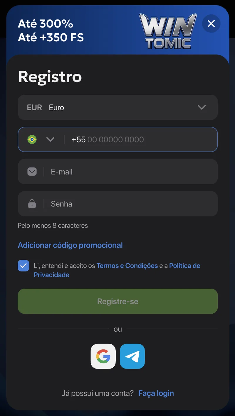 Formulário de cadastro da Wintomic com telefone +55, e-mail, senha e código promocional